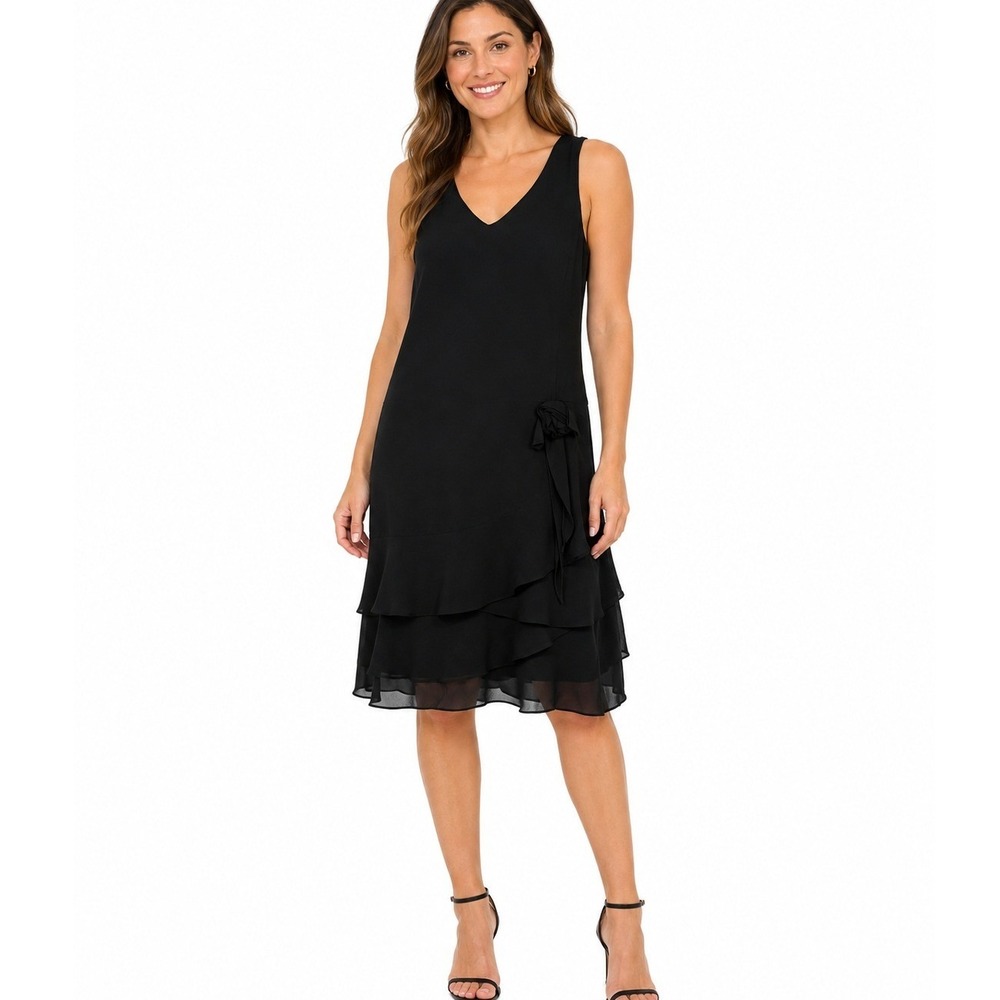 LOFT Black Chiffon Tiered Ruffle Dress Side Bow Sleeveless V Neck LBD | Size 8